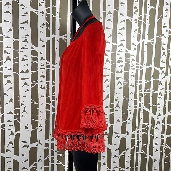 Cato Bright Orange Gauze Embroidered Lace Trim Tie Neck Top S - Picture 3 of 9